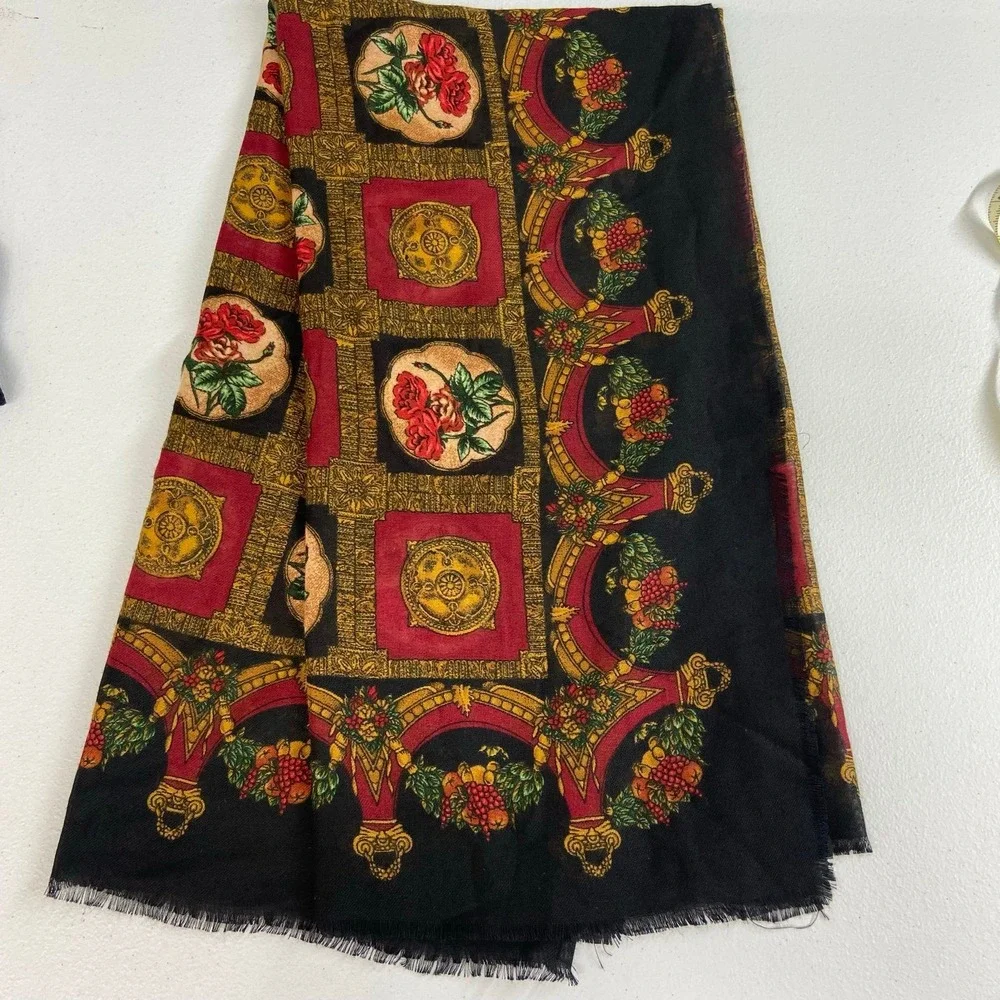 Women's vintage black rose renaissance fruit fringe lightweight fashion scarf‎